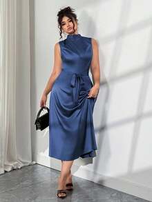 Elenzga Plus Size Elegant Solid Color Stand Collar Dress, Summer - Blue - View 4