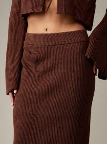 MISSGUIDED 罗纹针织直筒裙舒适秋季超长高腰毛衣下装秋冬时尚宽腰带及地长裙修身 - 棕色 - 查看 5