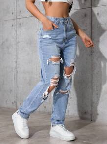 大码女式夏季牛仔破洞牛仔裤 - 藍色 - 查看 3