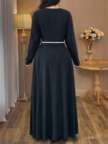 Auvina 女式优雅黑白深 V 领高低腰系带修身长袖超长连衣裙，加大码，春秋季 - 黑色 - 查看 2