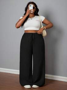 SHEIN PETITE CURVE Pantalones casuales de vacaciones de textura marrón para mujer de talla grande