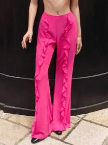 GENKIRA 玫红色雪纺荷叶边下摆女裤 - 玫紅色 - 查看 3