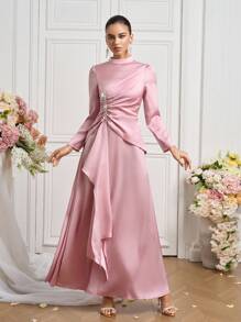 Coutiva New Stylish Stand Collar Long Sleeve Fitted Formal Dress - Baby Pink - View 3