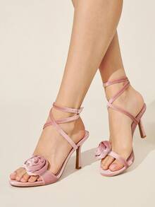 CUCCOO CHICEST 粉色韩版天鹅绒玫瑰花朵绑带时尚优雅派对婚礼正式圆头高跟凉鞋 - 藕粉色 - 查看 3