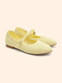 CUCCOO BASICS 女士时尚浅黄色面料舒适透气玛丽珍平底鞋，适合通勤、约会、派对、度假 - 黃色 - 查看 2