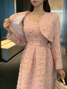 DAZY 2pcs/Set Women's Sleeveless Waist Cinched Dress And Long Sleeve Cardigan Set, Spring/Autumn Lounge Sets For Women - Pink - View 7