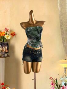 Attitoon Women's Vintage Print Ruched Tie Front Bandeau Top Goth Suitable For Going Out - Blue and White - View 7