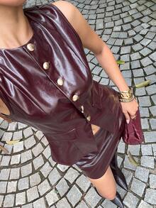 Siren Gaze Nuevo traje de mujer de PU con cuello redondo, sin mangas, con botones delanteros y estilo informal, color rojo vino