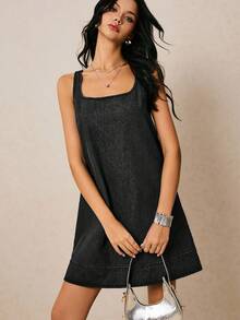 Poéselle 女士时尚露背无袖牛仔连衣裙，夏季 - 黑色 - 查看 2