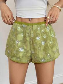 SHEIN PETITE Pantaloni scurți din șifon brodat cu paiete verzi pentru femei, potriviți pentru vară, mici, casual și slăbire - Verde - Vizualizare 4