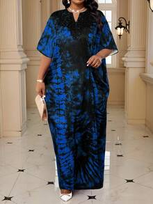 SHEIN Lady 2025 新款春夏秋冬优雅黑蓝色编织缺口长袍连衣裙蕾丝领度假大码连衣裙节日皇家蓝针织圆领喇叭袖荷叶边褶皱中长短袖大码连衣裙 - 藍色 - 查看 1