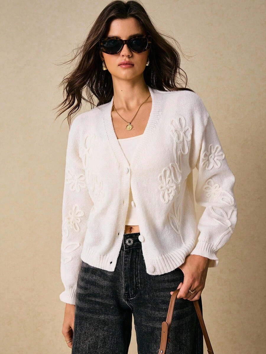 Poéselle Cárdigan de punto bordado para mujer, suéter de manga larga con botones y estampado floral, ropa exterior suave para otoño, blusa esponjosa, pantalones de pijama para el Día de Acción de Gracias y Halloween, suéteres de otoño para mujer, cárdigan de mujer - Blanco - Ver 1