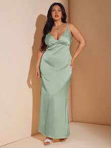 SHEIN BAE 大码女式无袖 V 领露背长款缎面连衣裙，适合度假、音乐节、生日、早午餐、婚礼宾客、优雅礼服派对礼服 - 薄荷綠 - 查看 3