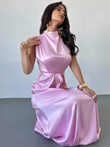 Firerie New Minimalist Elegant Commuter Satin Pink Sleeveless Tie-Waist Dress With Ruched Collar And Flowy Design - Pink - View 3