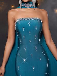 Glamrae Elegant & Luxurious Grey-Green Knitted Handcraft Pattern Rhinestone Chain Tassel Decor Fitted Mermaid Formal Evening Gown For Women