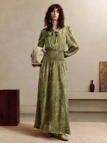 SHEIN LUNE فستان طويل أنيق للنساء في فصل الخريف، من الشيفون الذهبي بتصميم مطبوع، ضيق الخصر على شكل X، أساور الخصر وتصميم طوق كبير متدلي، ملابس نسائية بوهيمية للخريف - أخضر - مشاهدة 3