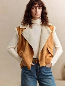 EMERY ROSE 绒面革复合背心夹克，通勤优雅斜口袋外套 - 彩色 - 查看 4