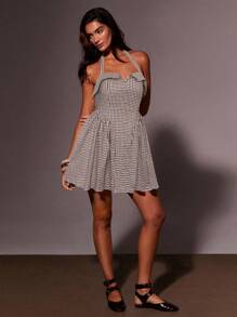 Athîral 女式无袖格子褶饰迷你连衣裙 - 棕色 - 查看 3