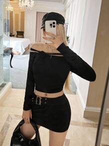 Ardnt Two Piece Set Black French Retro Collegiate Punk Off Shoulder Metallic Floral Long Sleeve Top & Mini Skirt Black Skirt Set Short Skirt Set Women Crop Top Set Y2K Fall Halloween Costume Party Gothic Punk - Black - View 6