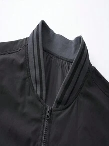 Manfinity Homme 大码男士夹克，黑色和灰色拼色设计户外风衣棒球夹克，休闲开衫上衣，男士飞行员夹克，男士夹克，校队夹克，秋季 - 黑色 - 查看 4