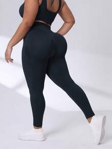 Easithlete Pantalones deportivos de compresión ajustados para mujeres de talla grande con diseño sin costuras y tela de secado rápido para yoga - Azul Marino - Ver 4