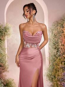 Glamrae Đầm satin thanh lịch không dây vai, cổ khoét sâu, chất liệu lưới xuyên thấu, họa tiết xương cá, hoa 3D, dáng đuôi cá, xẻ cao bên hông, xếp ly, dây buộc điều chỉnh được, thích hợp cho hẹn hò, kỳ nghỉ, sinh nhật, tiệc tùng, dạ hội, đám cưới, các dịp trang trọng, ngày Valentine. - Bụi hồng - Xem 5