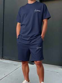 SHEIN 2pcs/Set Teen Boys' Casual Versatile Comfortable Highly Attractively Letter Print Knit Short Sleeve T-Shirt And Shorts, Urban Casual Style - Navy Blue - View 9