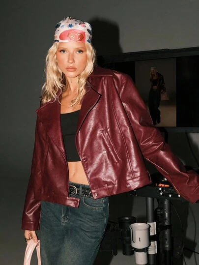 TRNVIE 1 件女式宽松波西米亚风格仿皮夹克，立领，秋冬休闲摩托车外套