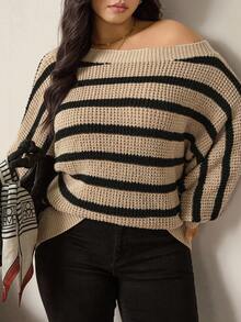 Zelara Striped Asymmetric Neck Loose Fit Plus Size Pullover Sweater Fall Clothes For Women Women's Winter Sweater Women's Winter Clothes Winter Clothes Going Out Tops Going Out Outfit Female Country Look Brown Sweater Brown Top Brown Brown Sweater Winter Clothes For Women Women's Winter Sweater Thanksgiving Outfit For Women Casual Blouses For Women