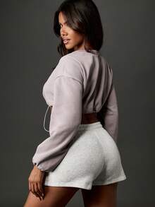 Missguided x Playboy Embossed Cropped Sweatshirt With Adjustable Drawstring Hem Casual Loungewear Pullover For Winter Fall Season - Grey - View 2