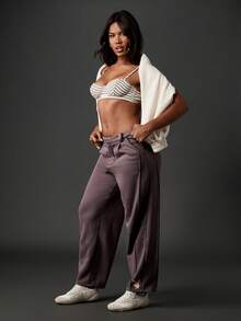 Missguided x Playboy 女式高腰阔腿运动裤休闲家居裤秋冬下装羊毛衬里宽松长裤 - 淺灰紫 - 查看 5