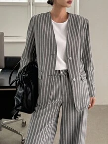 DAZY Costum casual din denim pentru femei, cu decolteu în V, lejer, cu dungi, sacou și pantaloni lejeri cu picior drept, 2 piese - Gri - Vizualizare 6