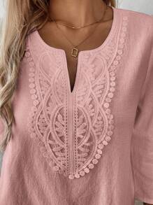 SHEIN LUNE Camisa de unicolor con parches de encaje, casual para vacaciones - Rosado Sandía - Ver 8