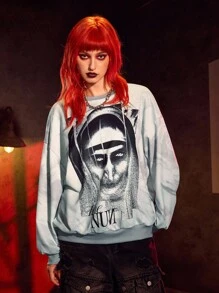 The Nun X SHEIN 恐怖电影人物图案圆领长袖运动衫 - 彩色 - 查看 3