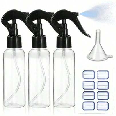 3 瓶装喷雾瓶，100 毫升小喷雾瓶，用于填充，透明，空，细雾喷雾瓶，带标签、漏斗、旅行雾化器，适用于液体、化妆品、清洁、个人护理