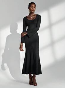 Almamuse Women's Long Bodycon Dress, Square Neck, Flare Sleeve, Black Knit Dress Fall Cloth For Women - Black - View 6