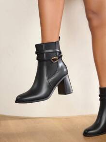 Daringsoles Women's Fashion Buckle Design Pointed Toe Black Chunky Heel Ankle Boots - Black - View 3