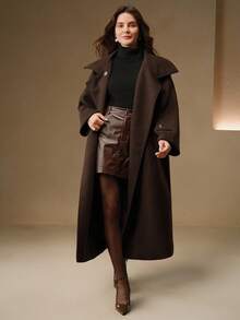 Anewsta 女士优雅圣诞新年高端复古纯色立领宽松中长百搭深色羊毛大衣，冬季 - 咖啡棕 - 查看 4