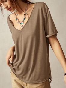Bohemela Women's Casual Solid Color V-Neck Short Sleeve Loose T-Shirt