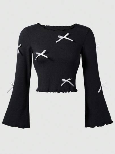 SHEIN Explorewe 2024 秋冬青少年女孩 Y2K 风格保暖针织修身喇叭袖可爱芭蕾蝴蝶结装饰 T 恤