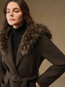 Anewsta 女款深棕色蓬鬆毛領連帽長款大衣，優雅秋冬大衣，適合辦公室、正式派對、時尚聖誕、工作與畢業場合 - 棕色 - 查看 7