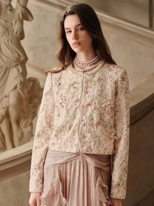 Savoree Romantic, Elegant, Exquisite Lady's Floral Print, Embossed Texture, Sequins Decor Long Sleeve Round Neck Short Jacket, Suitable For Spring & Autumn