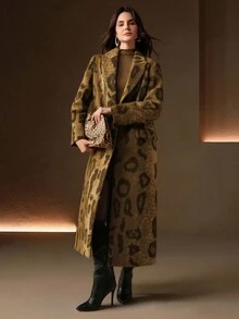 Anewsta Brown Animal Leopard Print Single-Breasted Notched Collar Long Sleeve H-Line Long Overcoat - Brown - View 10