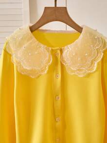 女童长袖休闲白色衬衫，多层荷叶边蕾丝领，珍珠装饰，舒适优雅，适合上学 - 黃色 - 查看 4