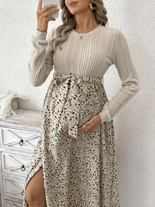 SHEIN Maternity Round Neck Raglan Sleeve Split Ditsy Floral Summer Dress - Multicolor - View 4