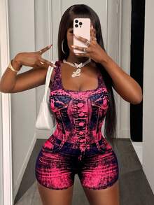 BamGleam Mono ajustado de mujer con efecto de mezclilla y estampado en toda la prenda - Multicolor - Ver 4