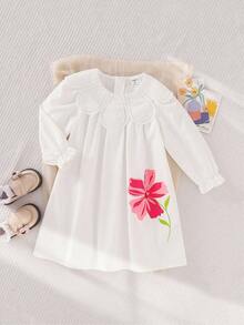 SHEIN 1 pieza Vestido casual de manga larga con cuello Peter Pan y estampado floral para niñas, con cierre de cremallera en la espalda, estilo puff princesa y suelto versátil y adorable para el día a día o vacaciones, suave y cómodo, nueva colección de otoño - Blanco - Ver 1