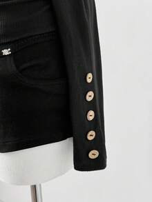 Sunspun Áo thun bodycon tay dài hở vai tối giản gợi cảm màu trơn - màu đen - Xem 4