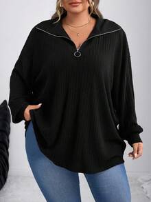 SHEIN CURVE+ 大码法式休闲拉链罗纹针织T恤，秋冬 - 黑色 - 查看 8