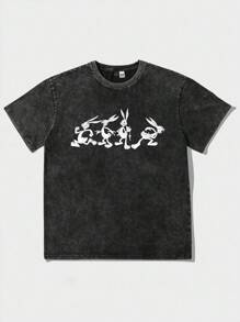 Looney Tunes X Manfinity Manfinity Joysei Herr T-shirt med söt tecknad kanintryck, kortärmad, tvättad, sommar - Svart - Visa 2